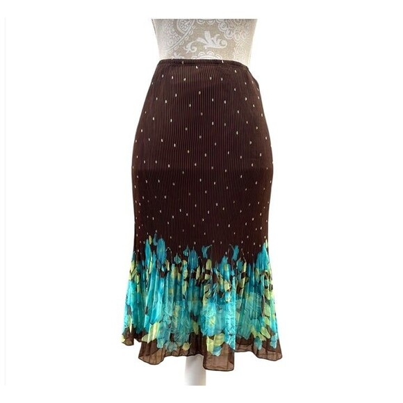 Vtg 90s 4 U Design midi skirt Sz XL brown polka dots pleated turquoise floral - Picture 1 of 9